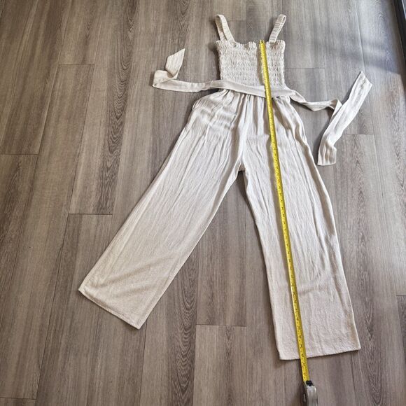Lulus Beige Linen Blend Smocked Wide-Leg Jumpsuit Size XS Boho Euro Chic W Belt - Picture 4 of 11
